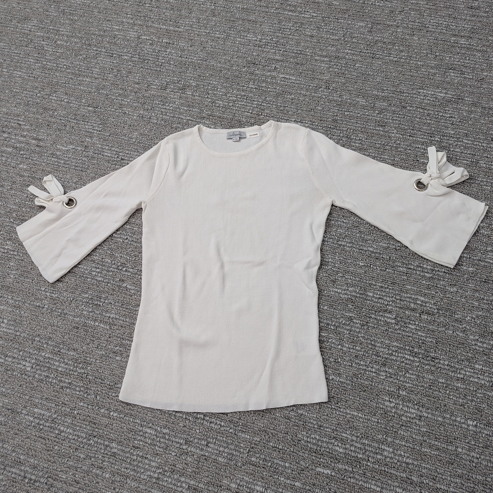 Elegant Women's (Size Medium) White Top with Bow Detail On 3/4 Sleeves